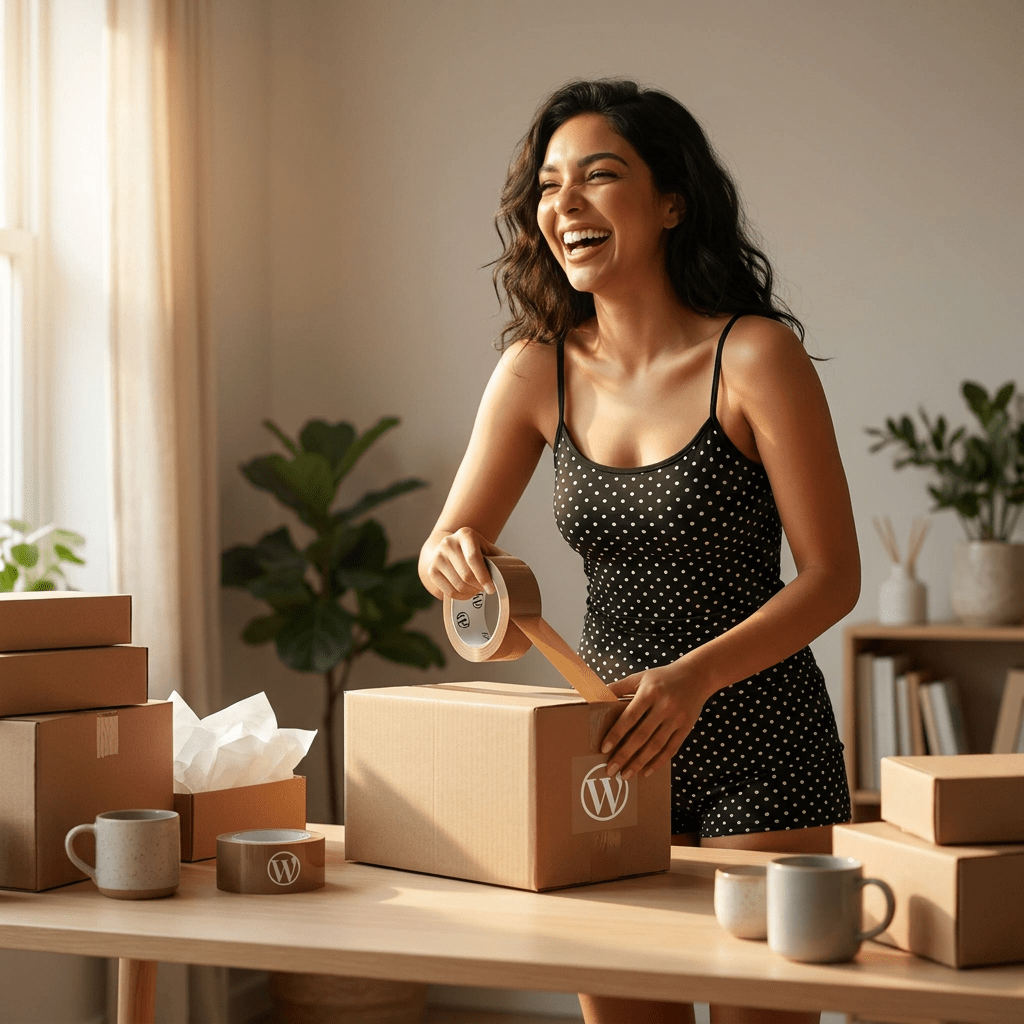 A woman in a polka dot outfit is joyfully packing boxes at a table, using tape on a cardboard box, with a cozy, well-lit room in the background.