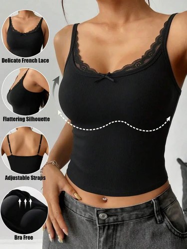 A stylish black tank top featuring delicate French lace trim, a flattering silhouette, adjustable straps, and a bra-free design.