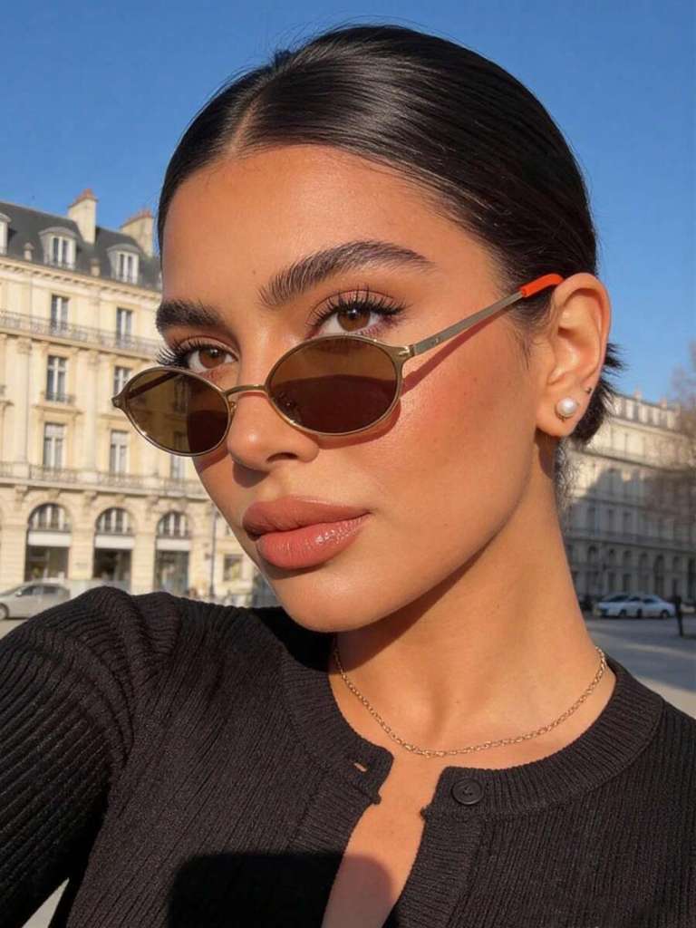 A close-up portrait of a young woman with long, straight black hair, wearing stylish sunglasses and a black cardigan, with a bright blue sky and vintage architecture in the background.